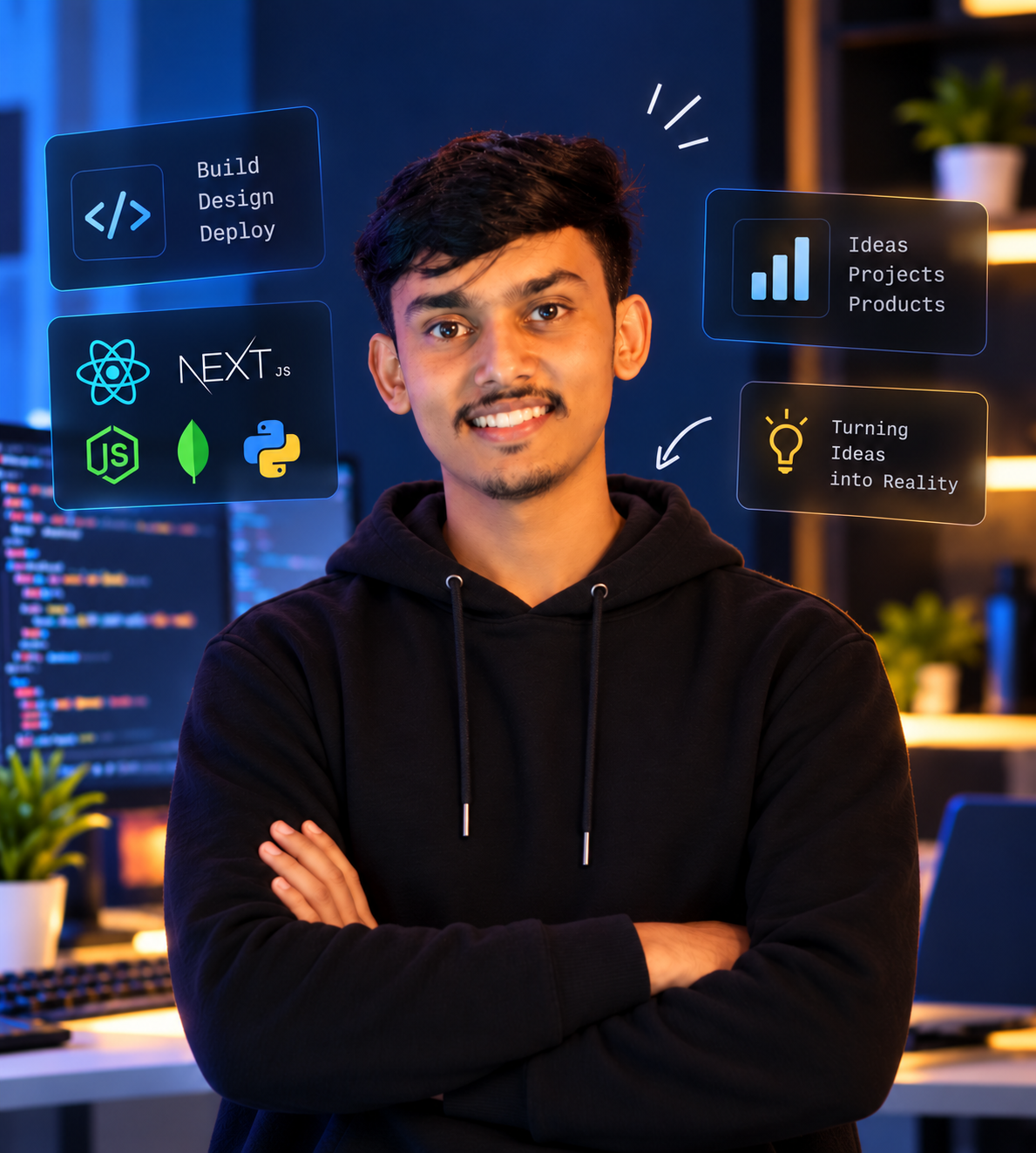 Portrait of Saksham Garg in a software development workspace